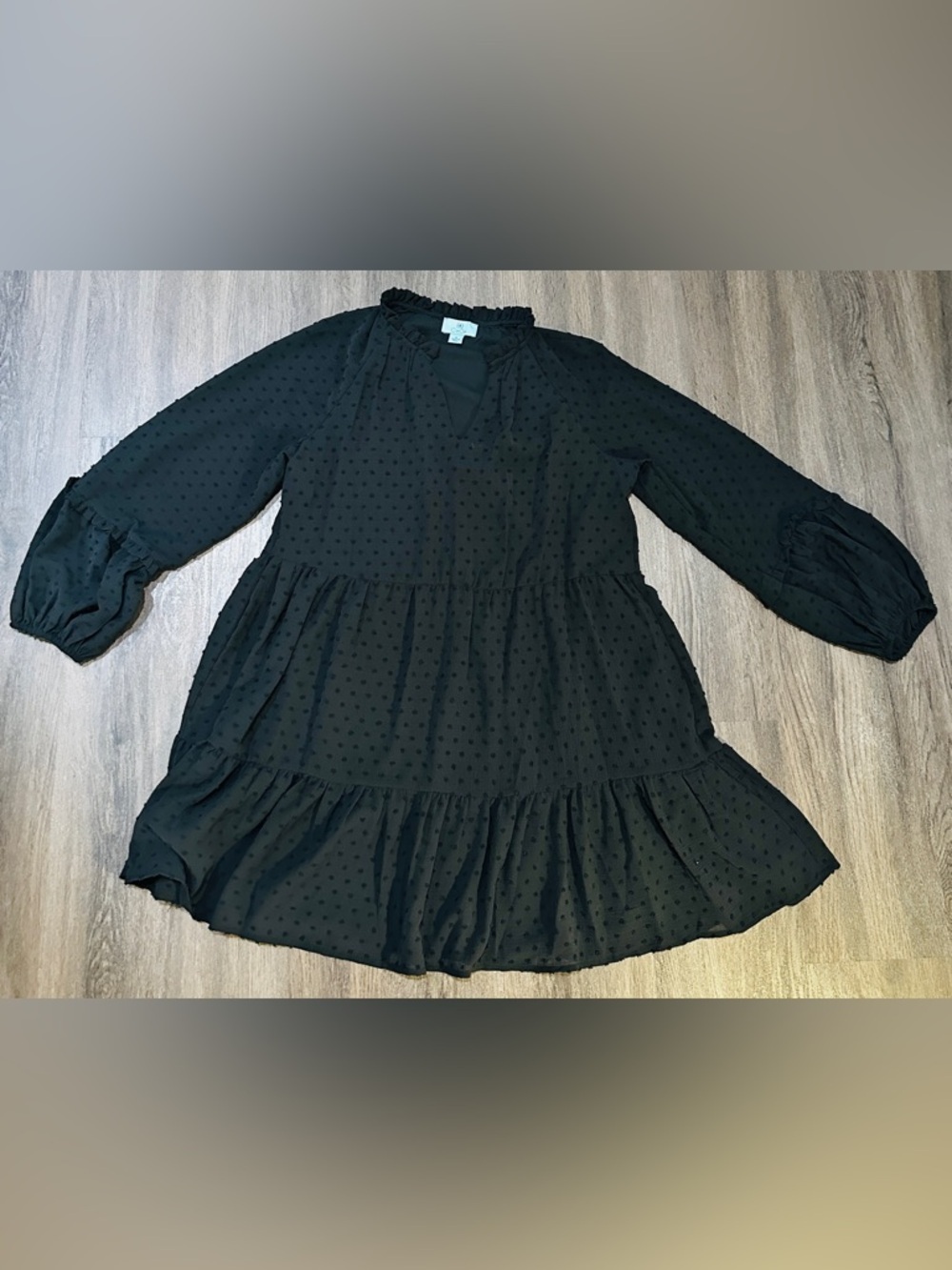 CeCe Black Swiss Dot Ruffle Tiered Mini Dress Size M Boho Long Sleeve Flowy - Picture 2 of 10